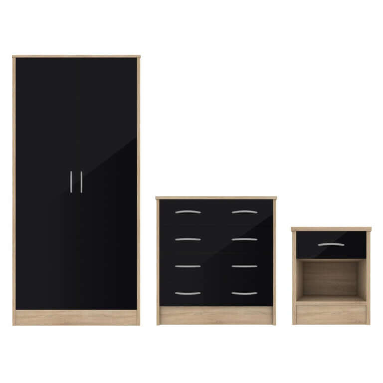 Willoughby Trio Bedroom Furniture Set oak effect wardrobe, chest of drawers and bedside cabinet for stylish rental bedrooms